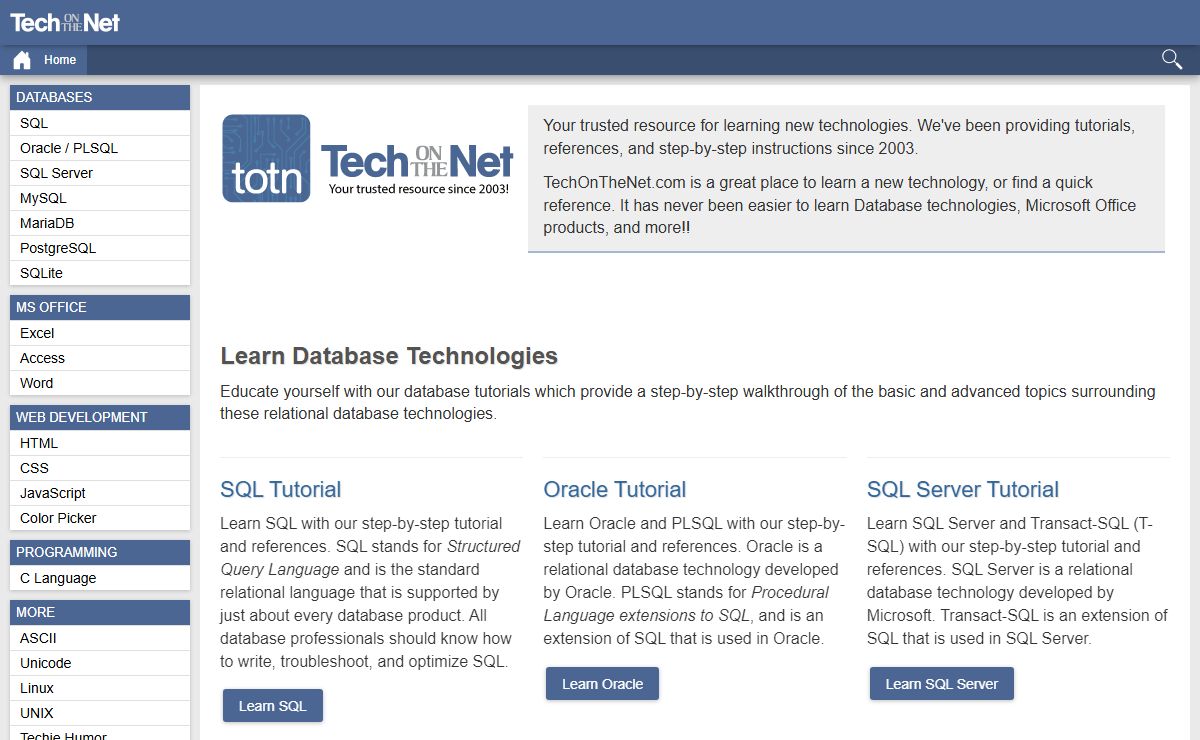 TechOnTheNet - Online tutorials for Excel, SQL, Oracle, PLSQL and more!
