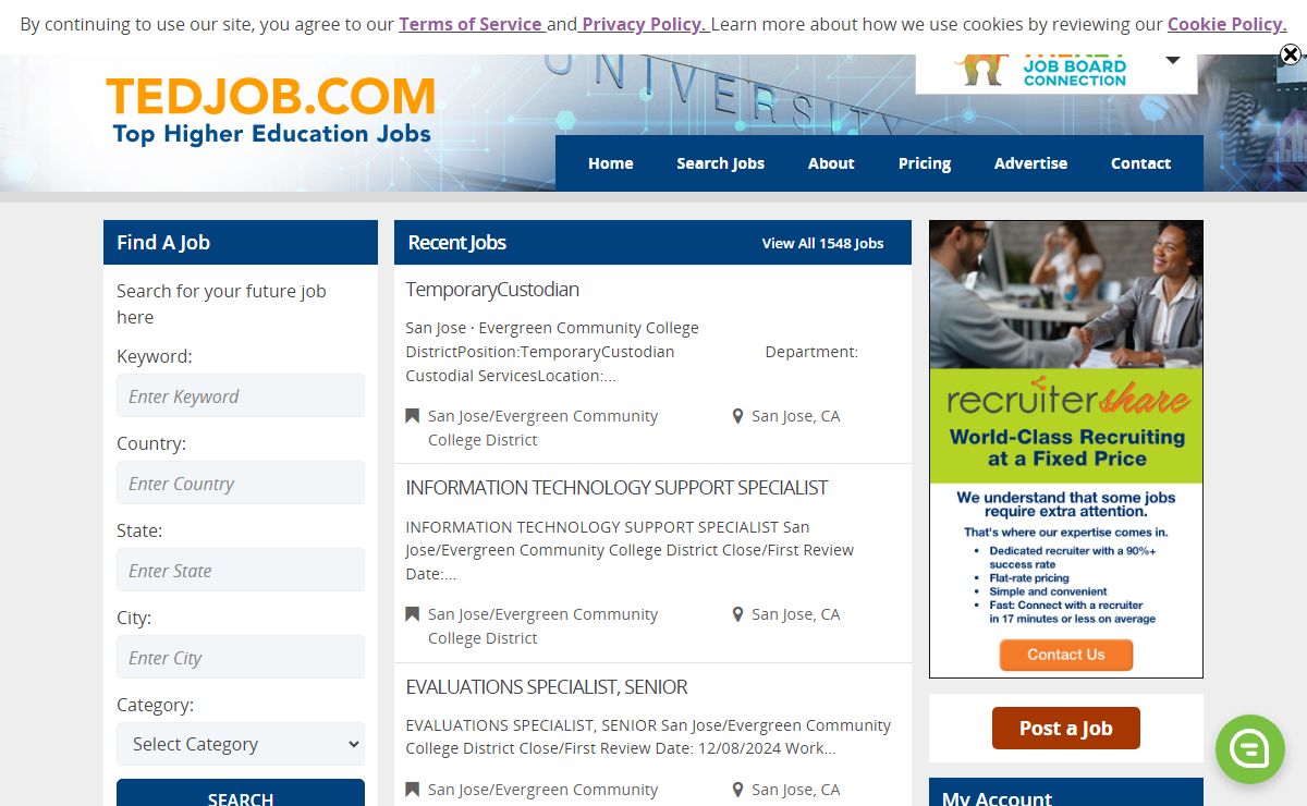 TedJob.com is the leading internet higher education job marketplace. It is designed to meet the unique recruitment requirements for universities, colleges, and other academic organizations. Academia based positions are perfect for this publication. President, Provost, Dean, Professor, Adjunct, Research, Lecturer, Registrar, Tenure Track. etc. Ted Job