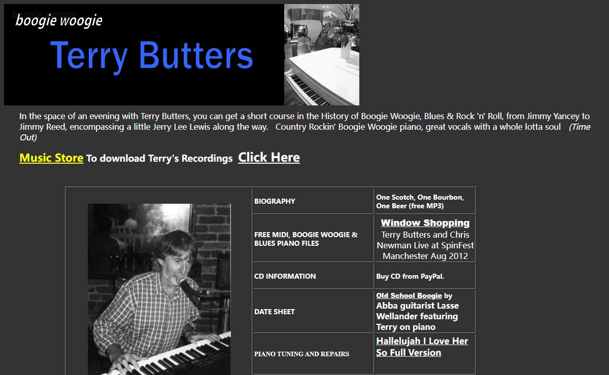 Boogie woogie blues piano CD's from UK based Country, Rockin', Boogie Piano Man Terry Butters.