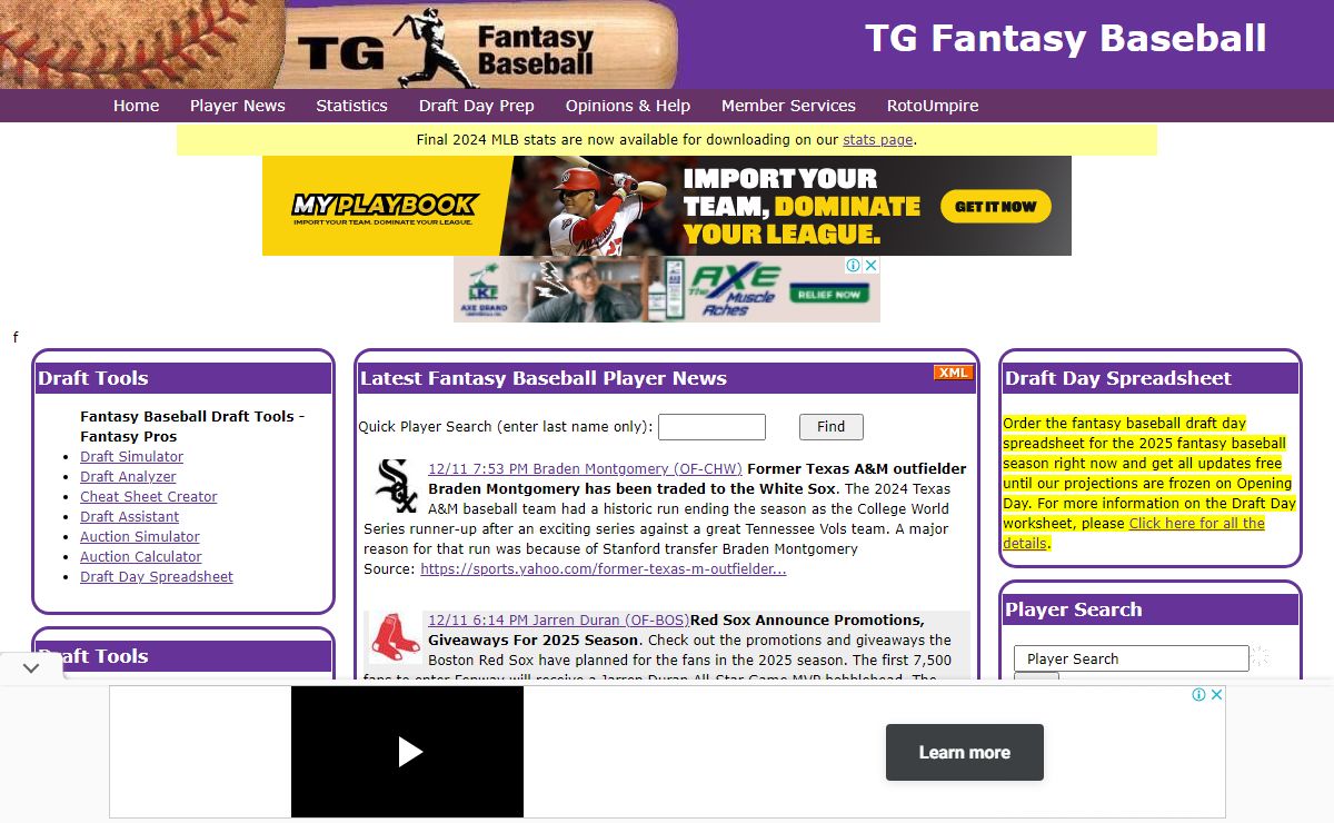 TG Fantasy Baseball 2025 - Free fantasy baseball information