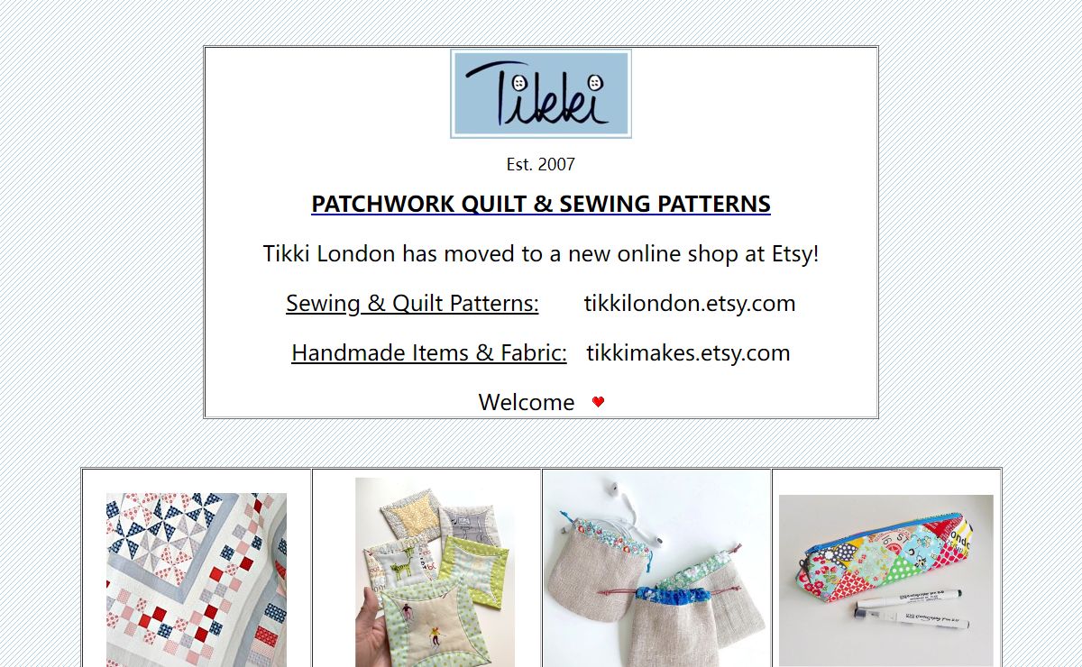 Index page Tikki London Sewing PDF patterns for patchwork quilts and related projects