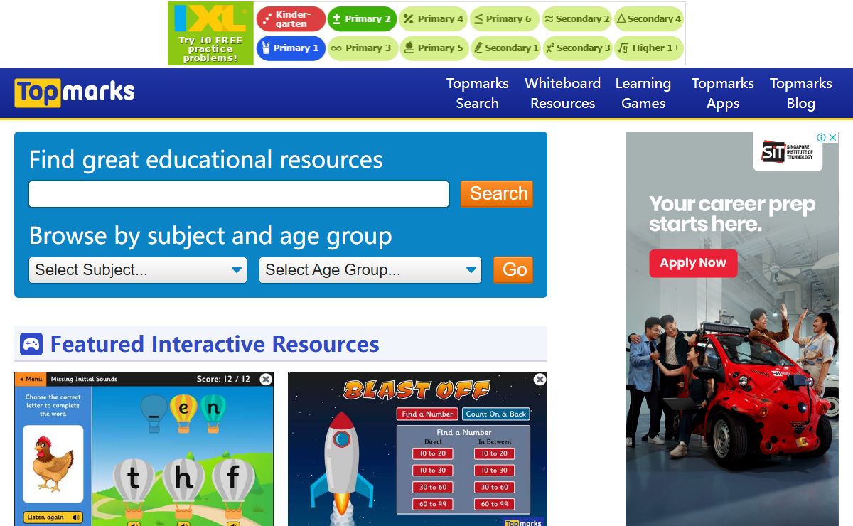 Topmarks: teaching resources, interactive resources, worksheets, homework, exam and revision help