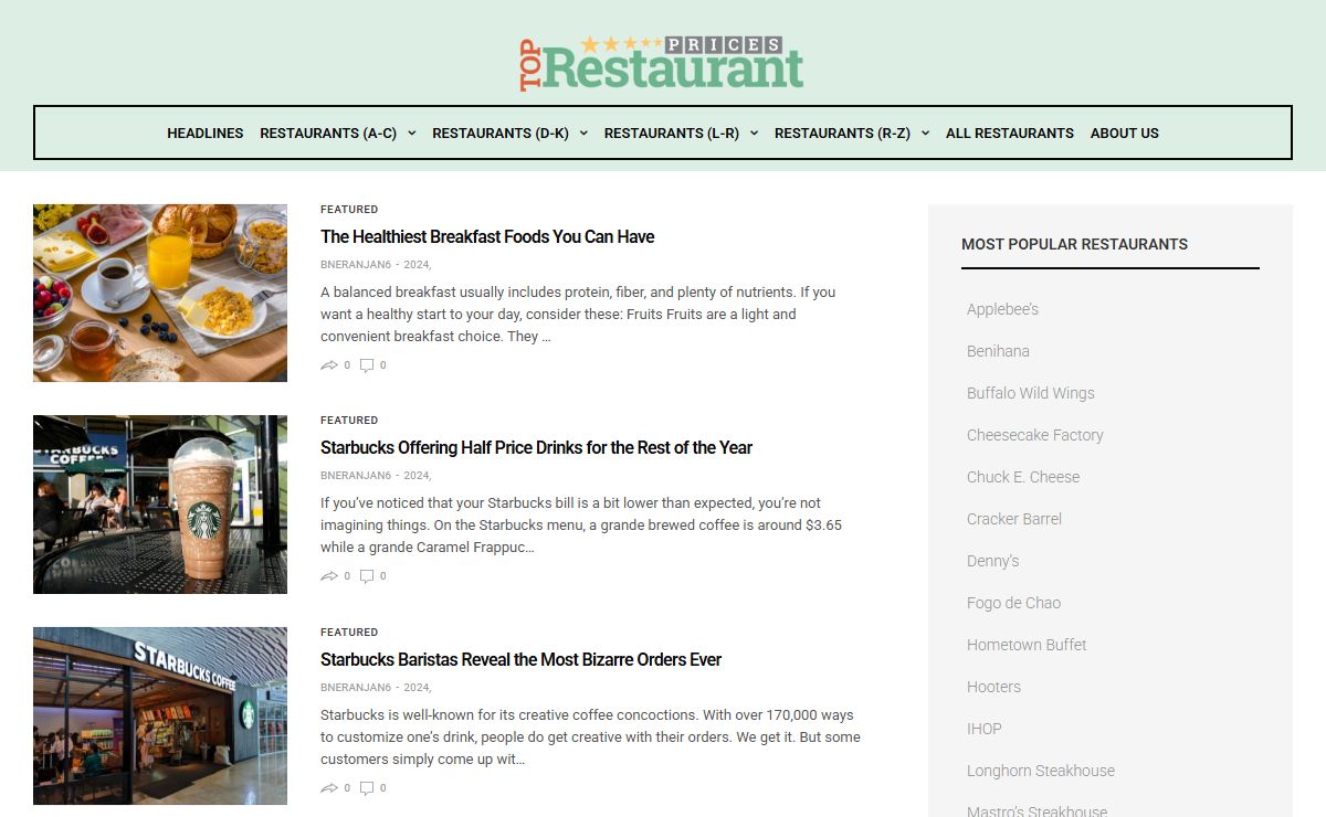 Top Restaurant Prices - Website with The Latest Restaurant Prices. - The authority of restaurant prices online!