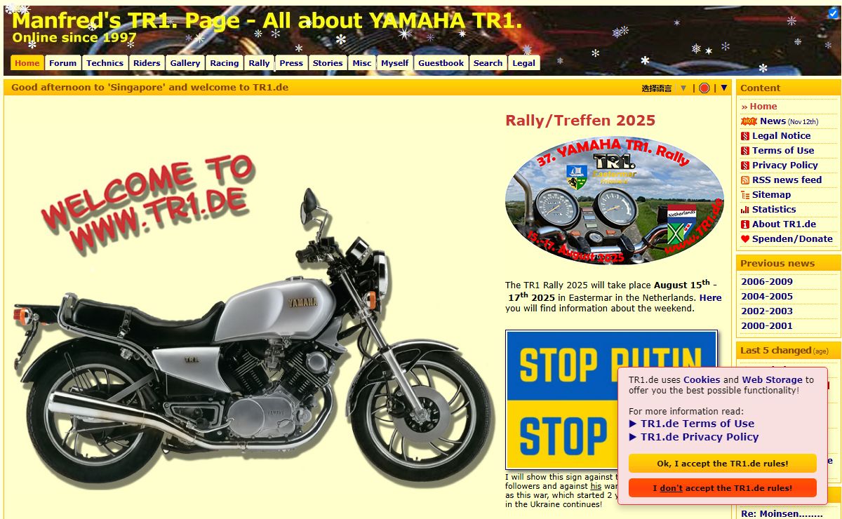 Good afternoon to 'Singapore' and welcome to TR1.de - Manfred's TR1. Page - All about YAMAHA TR1. / XV1000 / XV920