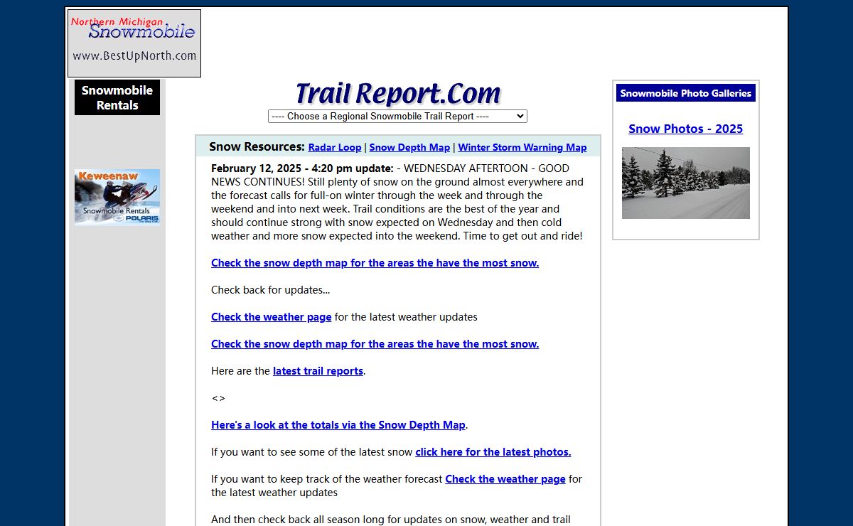Snowmobile Trail Reports, Snow Conditions and Weather, Michigan