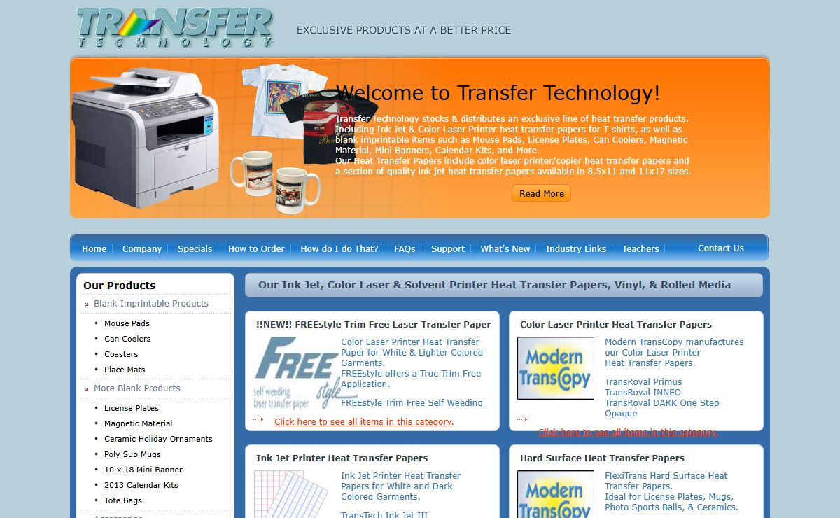 Transfer Technology heat transfer paper, trim free transfer paper, t shirt transfer paper, eco-solvent transfer papers, t-shirt transfer vinyl, transfer papers, mouse pads, calendar kits, blank imprintable items, tee shirt transfer supplies