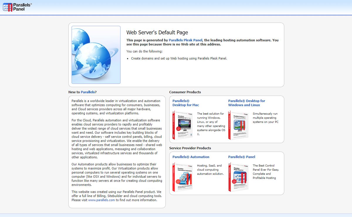 Default Parallels Plesk Panel Page