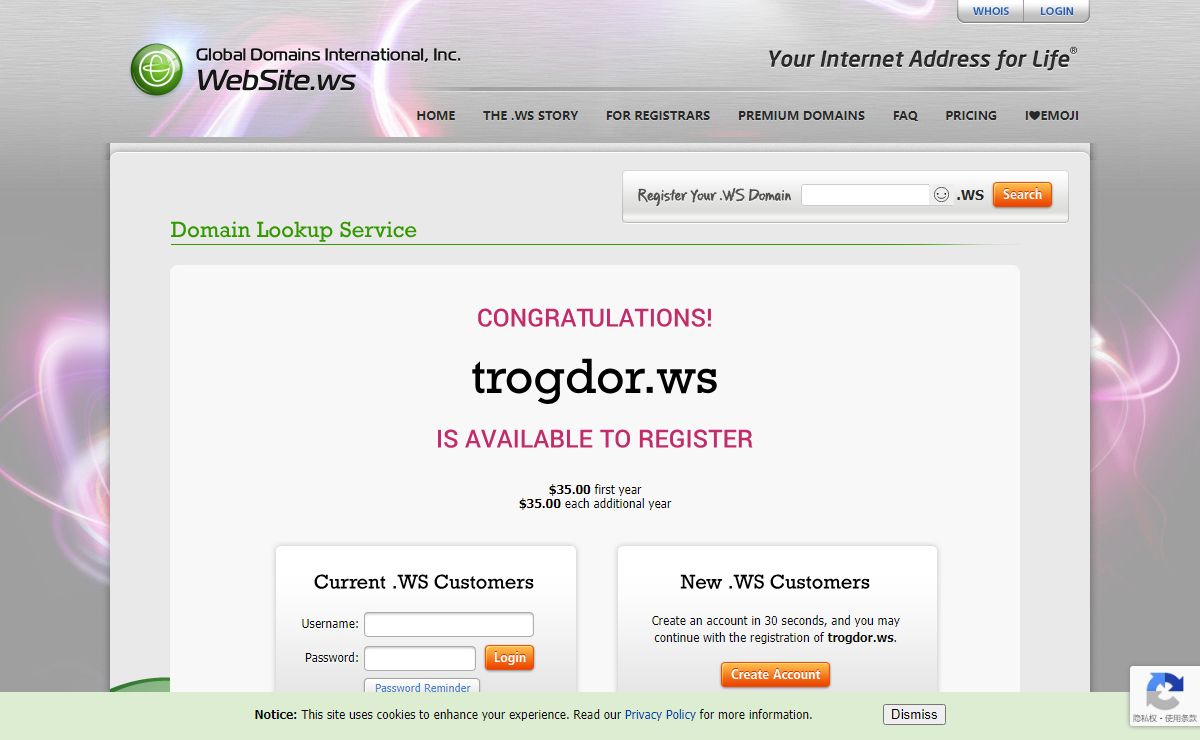 WEBSITE.WS - Your Internet Address For Life™