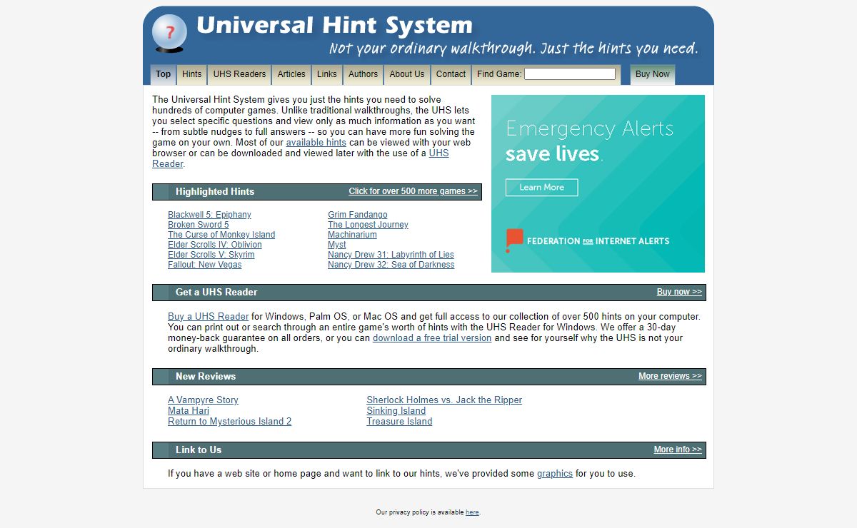 Universal Hint System: Not your ordinary walkthrough. Just the hints you need.