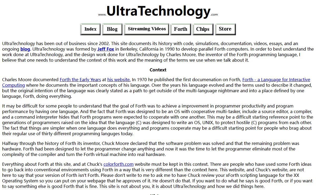 UltraTechnology Homepage, Forth, Chips, F21, Jeff Fox, Charles Moore, Video Theater