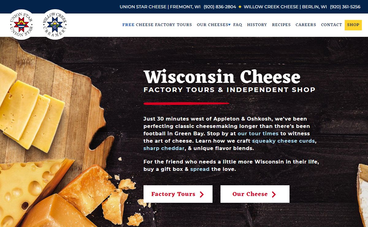 Free Wisconsin cheese factory tours. Try. Shop. Eat. | Willow Creek & Union Star Cheese (Fremont & Berlin WI) | Union Star Cheese