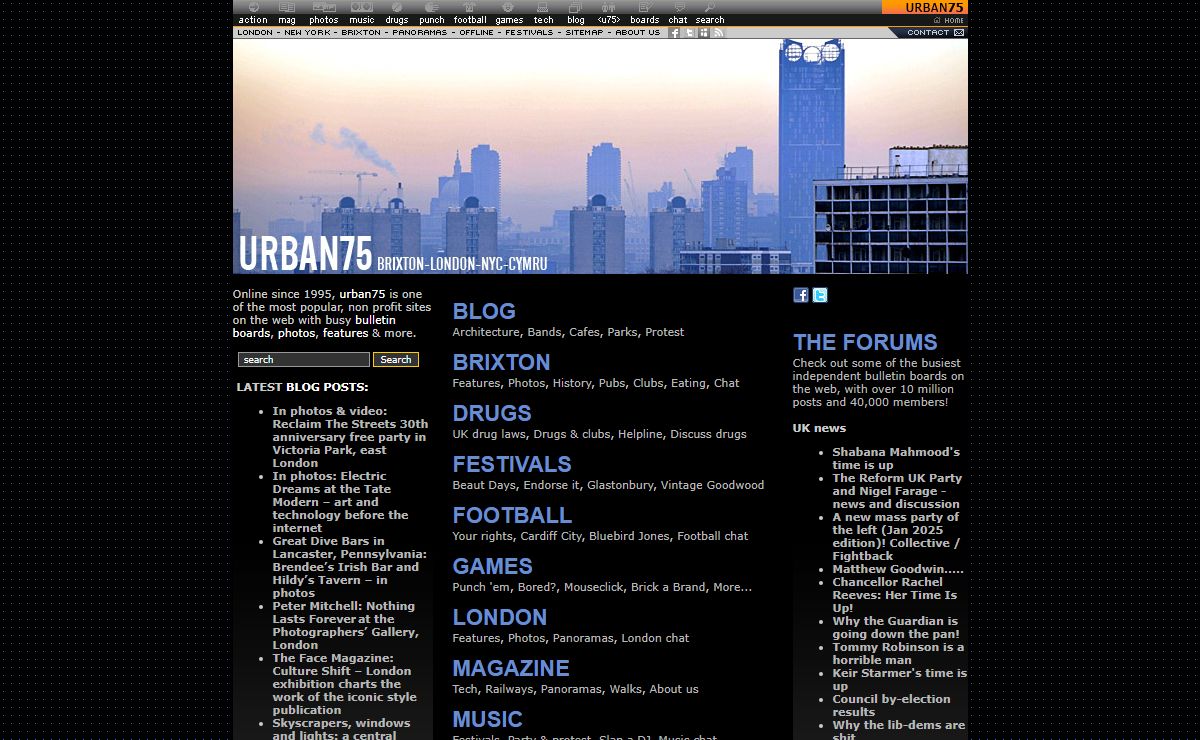 Urban75 ezine featuring bulletin boards, football, politics, useless games, Brixton info, panoramas, photo galleries, direct action, protest, rave, drugs info and more.