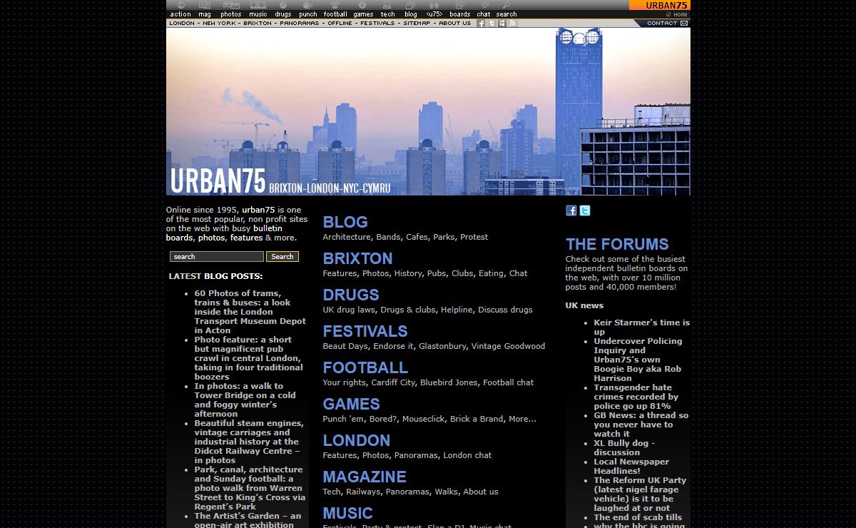 Urban75 ezine featuring bulletin boards, football, politics, useless games, Brixton info, panoramas, photo galleries, direct action, protest, rave, drugs info and more.