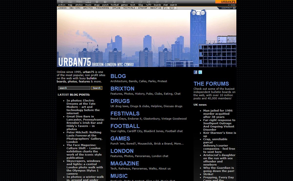 Urban75 ezine featuring bulletin boards, football, politics, useless games, Brixton info, panoramas, photo galleries, direct action, protest, rave, drugs info and more.