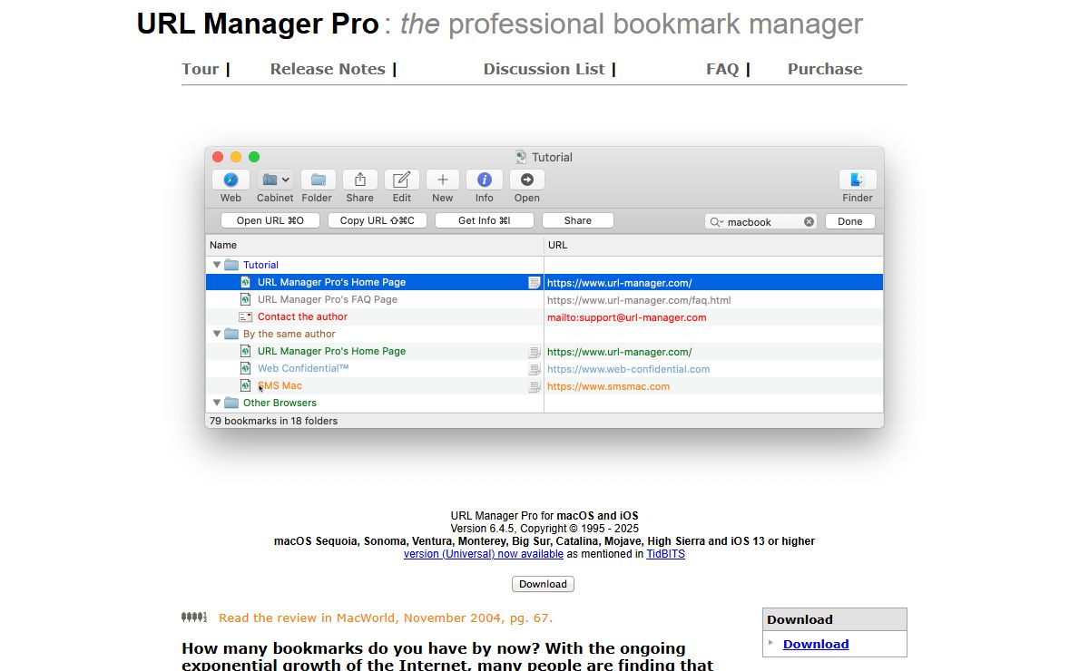 URL Manager Pro, bookmark manager for the Mac