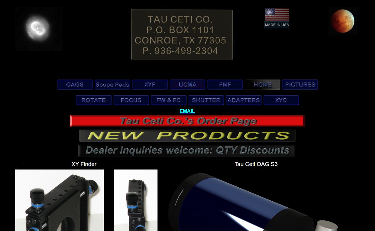 Tau Ceti Co. XY Finders, Off Axis Guiders, Flip Mirror Focusers, Master Flip Mirrors, Scope Pads, New Filter Wheels, Shutters, Motorized XY Finder, Computer Controlled Off Axis Guiders, and more..