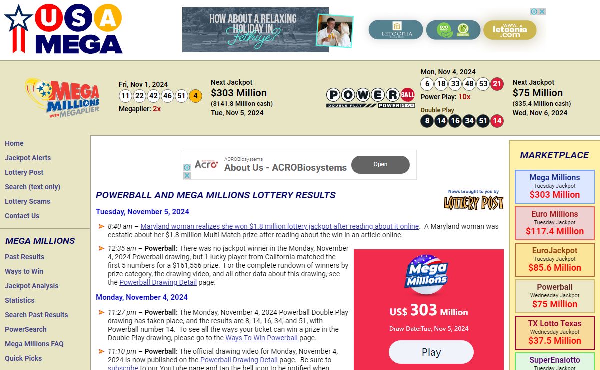 Powerball and Mega Millions Lottery Results | USA Mega