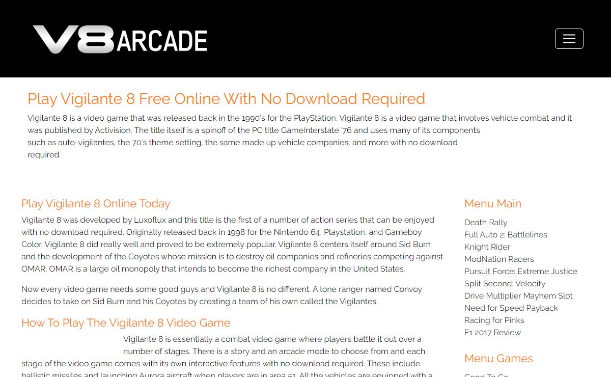 Play Vigilante 8 With No Download Required