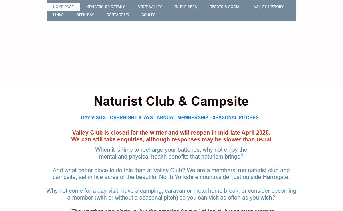 Naturist Club and Campsite Harrogate, Valley Club - Home Page