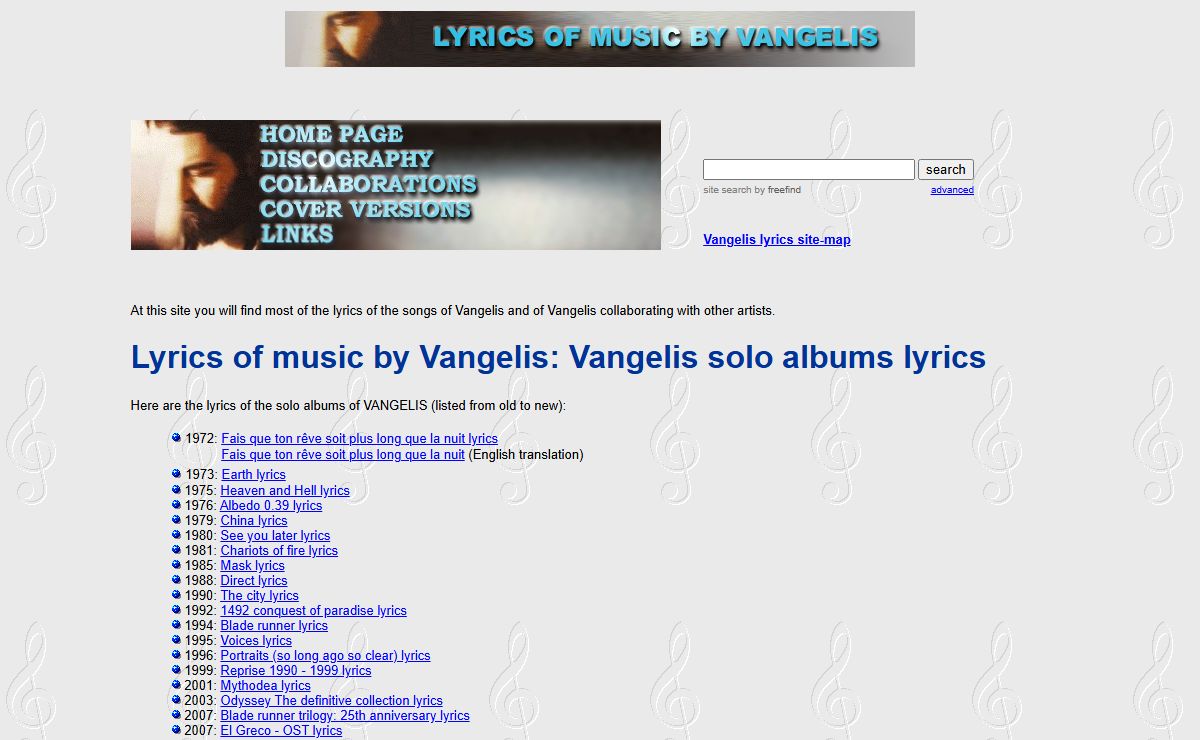 Lyrics of music by Vangelis website