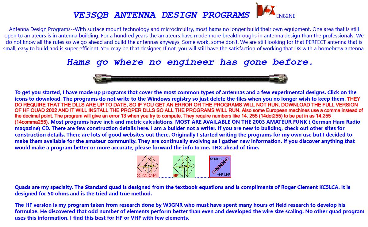 Antenna, VE3SQB Ham radio antenna design software programs and sstv,qha, amateur radio,sstv,antennas,j-pole,quad,dipole,discone,antenna program, super scanner, pdl, omni, rhcp, bazooka, coaxial dipole,skyhopper)