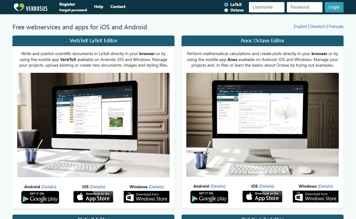 Apps and Services: LaTeX and Octave Editor, Apps for Android, iOS and Windows