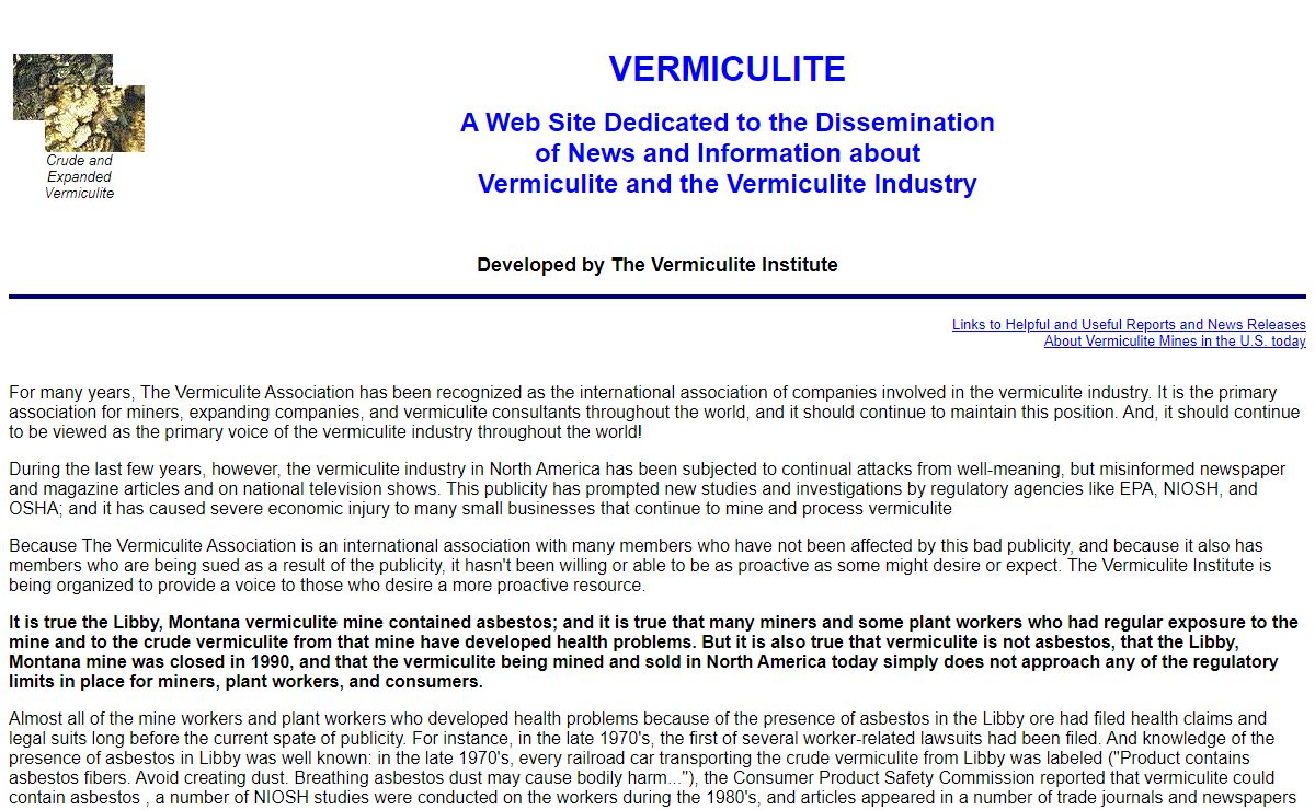 THE Vermiculite INSTITUTE--AN AFFILIATION OF VERMICULITE MINING COMPANIES, EXPANDER COMPANIES, AND INTERESTED INDIVIDUALS---DEDICATED TO THE DISSEMINATION OF INFORMATION ABOUT VERMICULITE AND ITS MANY USES