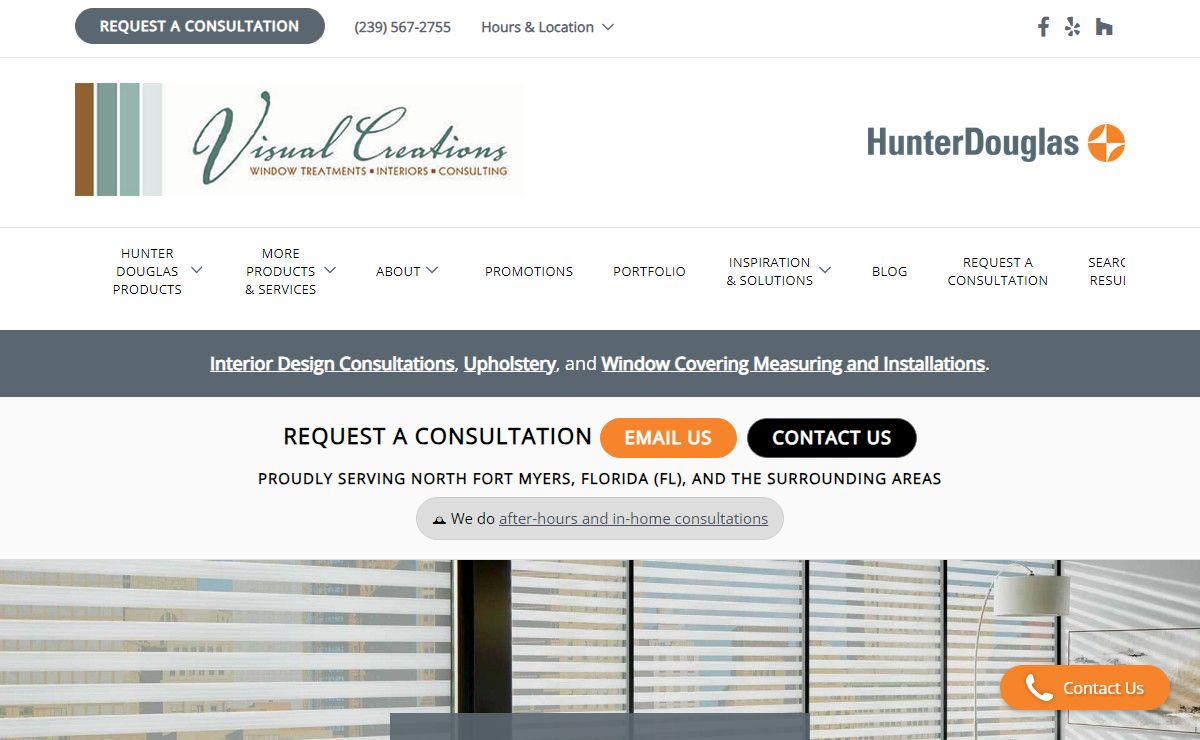 Window Coverings and Window Treatments from Hunter Douglas at Visual Creations near Fort Myers, Bonita Springs, Sanibel, Captiva, Punta Gorda, Fort Myers Beach, Cape Coral, Reflection Lakes, North Fort Myers, and Collier, Charlotte, and Lee Counties, FL
