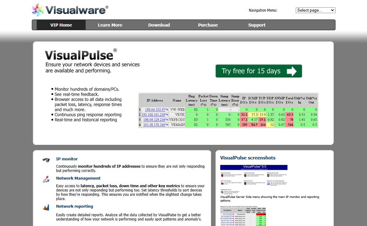 VisualPulse IP monitor - network management, http monitor, url availability, ping software, ping reporting