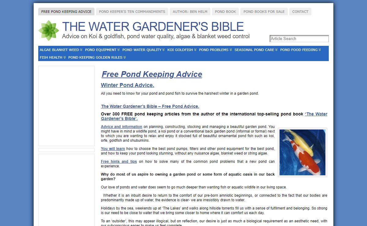 Pond Keeping Advice: Koi, Goldfish, pond water quality, blanket weed and algae control. A guide to enjoying your garden pond.