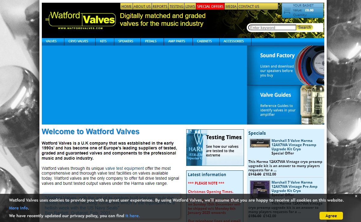 Watford Valves, one of Europe's leading suppliers of tested, graded and guaranteed valves to the professional music industry.