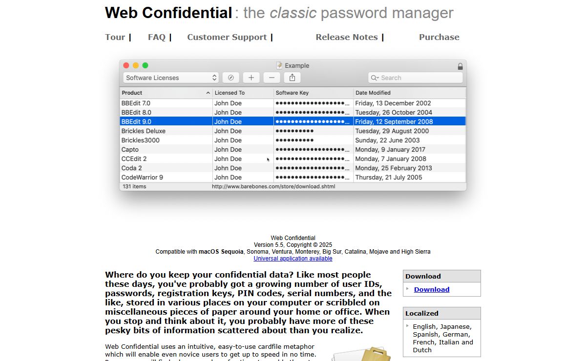 Web Confidential for Macintosh, password manager with encryption