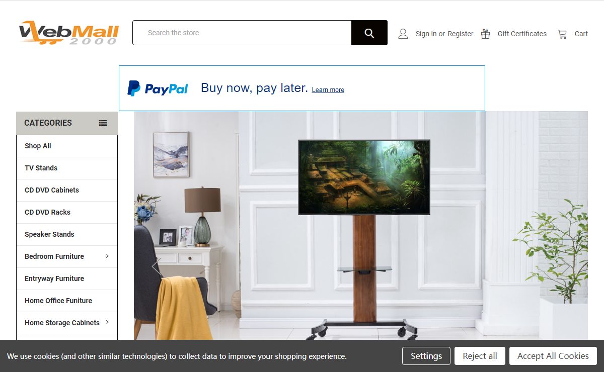 Web Mall 2000 - Online shopping platform for home furniture and RTA furniture such as TV stand and CD/DVD racks and cabinets, bedroom furniture and others
