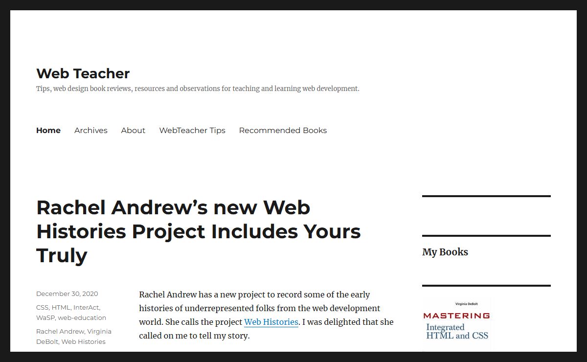 Web Teacher - Tips, web design book reviews, resources and observations for teaching and learning web development.