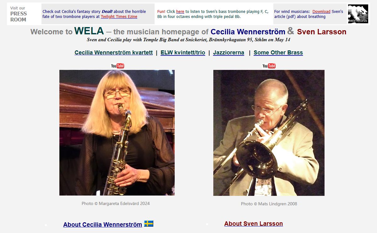 Musician homepage of Sven Larsson, bass trombone, and Cecilia Wennerström, tenor saxophone