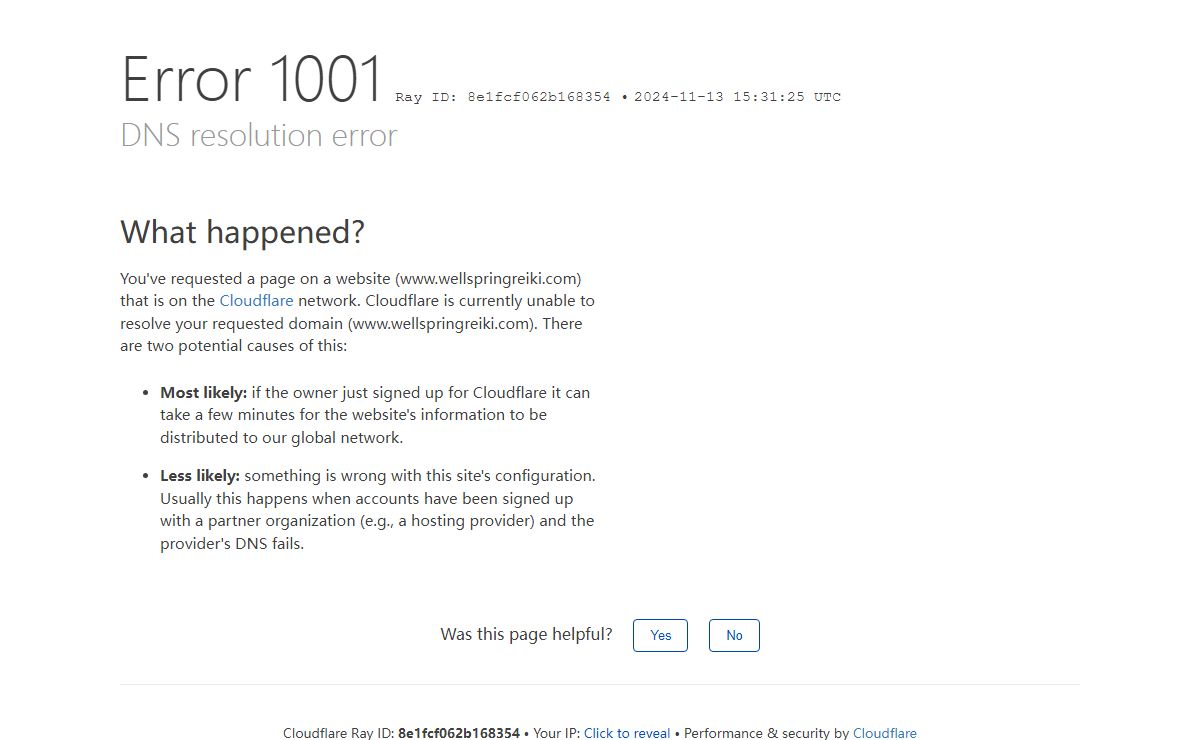 DNS resolution error | www.wellspringreiki.com | Cloudflare