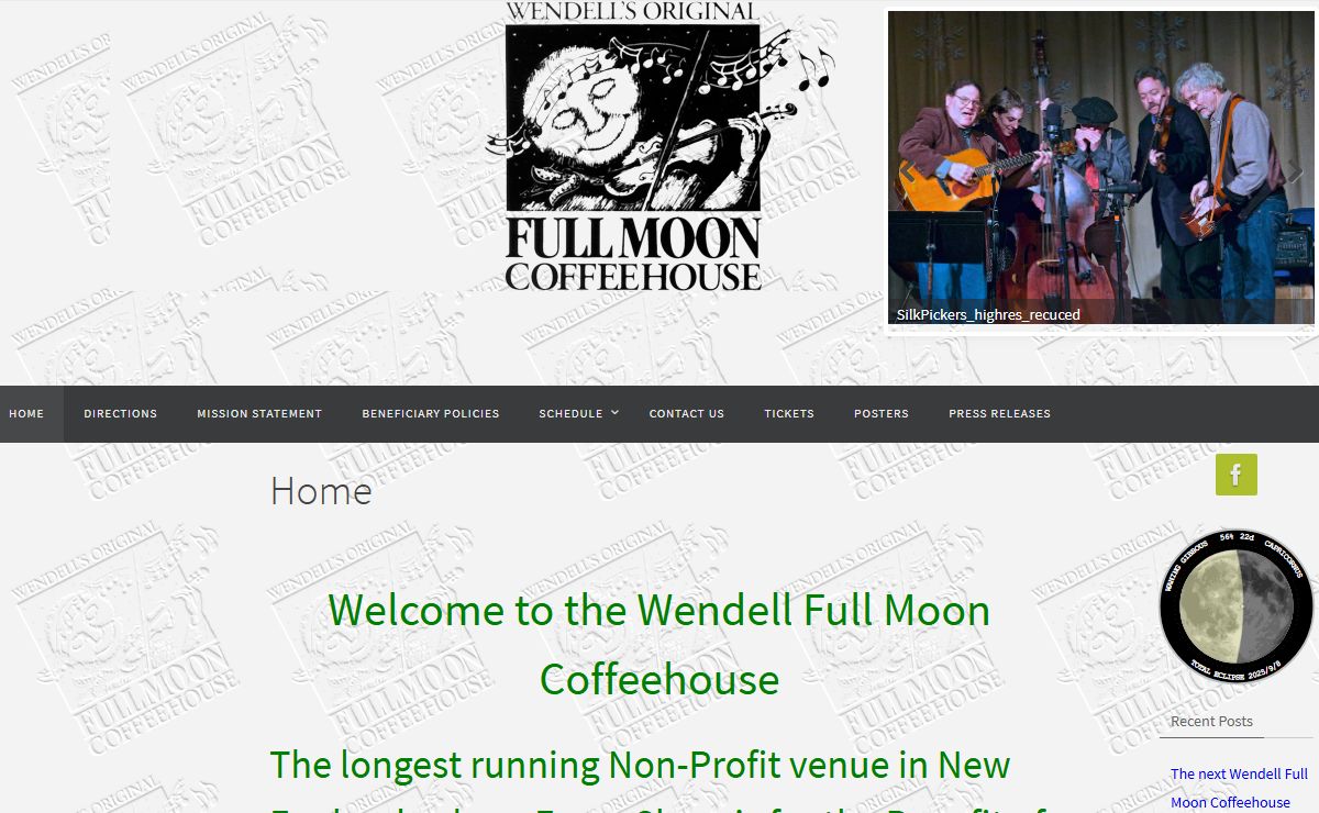 Wendell Full Moon Coffeehouse – The longest running Non-Profit venue in New England; where Every Show is for the Benefit of Local Environmental and Service Organizations.