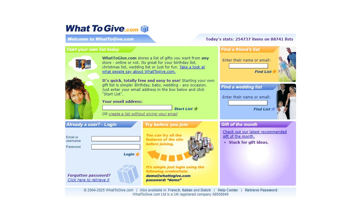 WhatToGive.com - Your online gift list - Wedding list, Birthday list, Baby Shower, Any occassion
