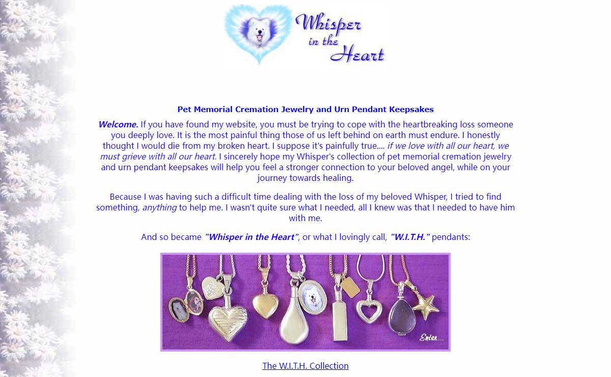 Whisper in the Heart's Pet memorial cremation jewelry & urn pendant keepsakes for coping with pet loss.