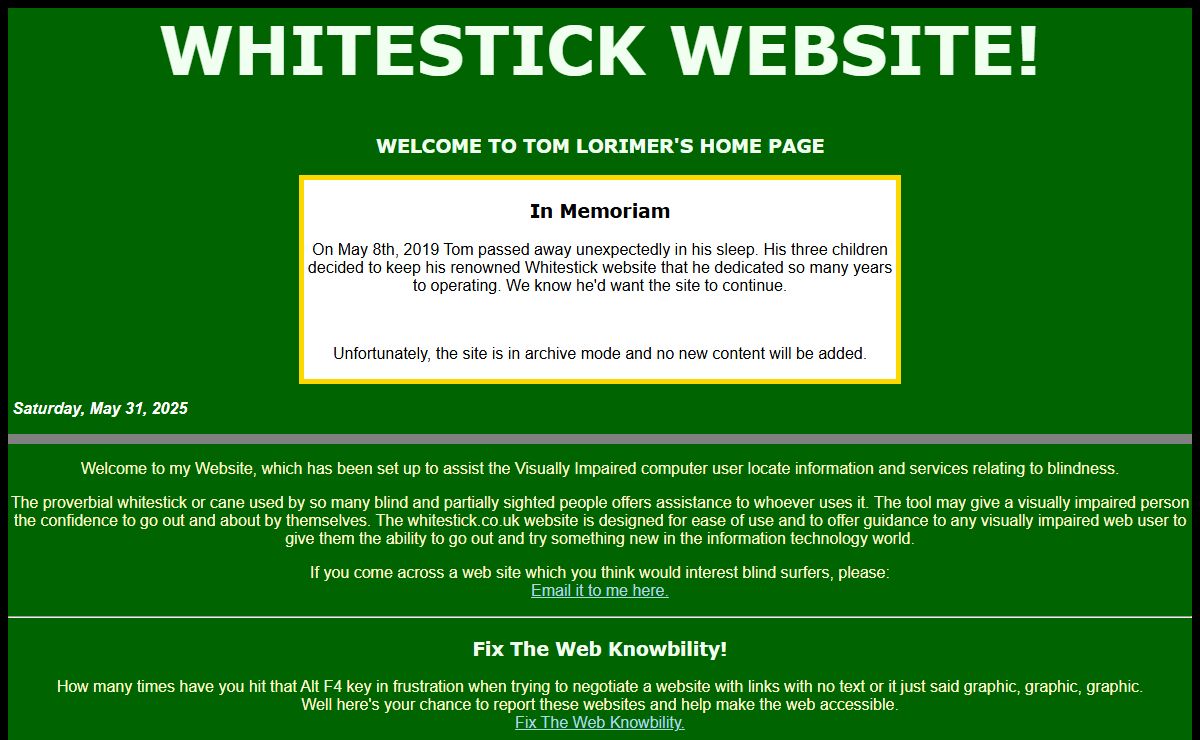 TOM LORIMER'S WHITESTICK WEBSITE