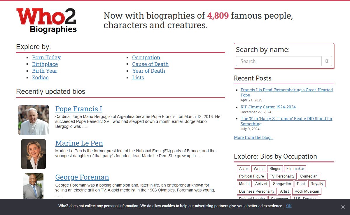Who2 Biographies: Historic figures, celebrities, and more