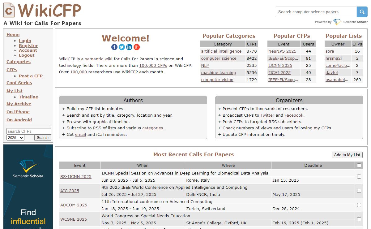 WikiCFP : Call For Papers of Conferences, Workshops and Journals