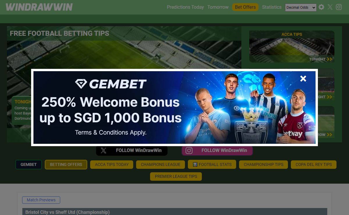 Free Football Betting Predictions and Soccer Tips and Football Accumulator Tips - WinDrawWin.com