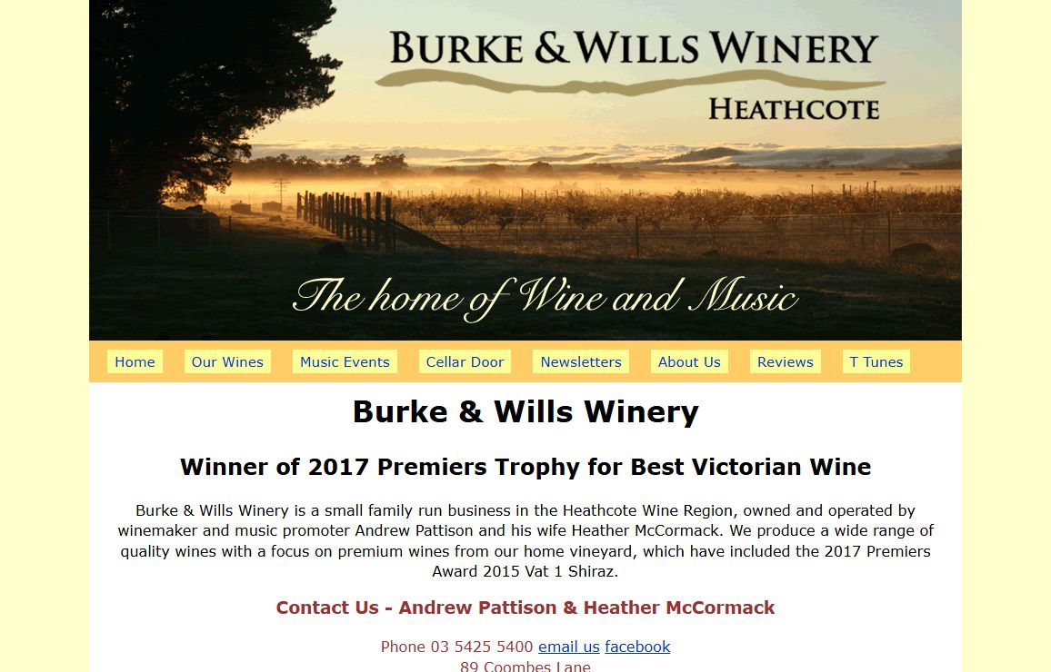 Burke & Wills Winery home page.