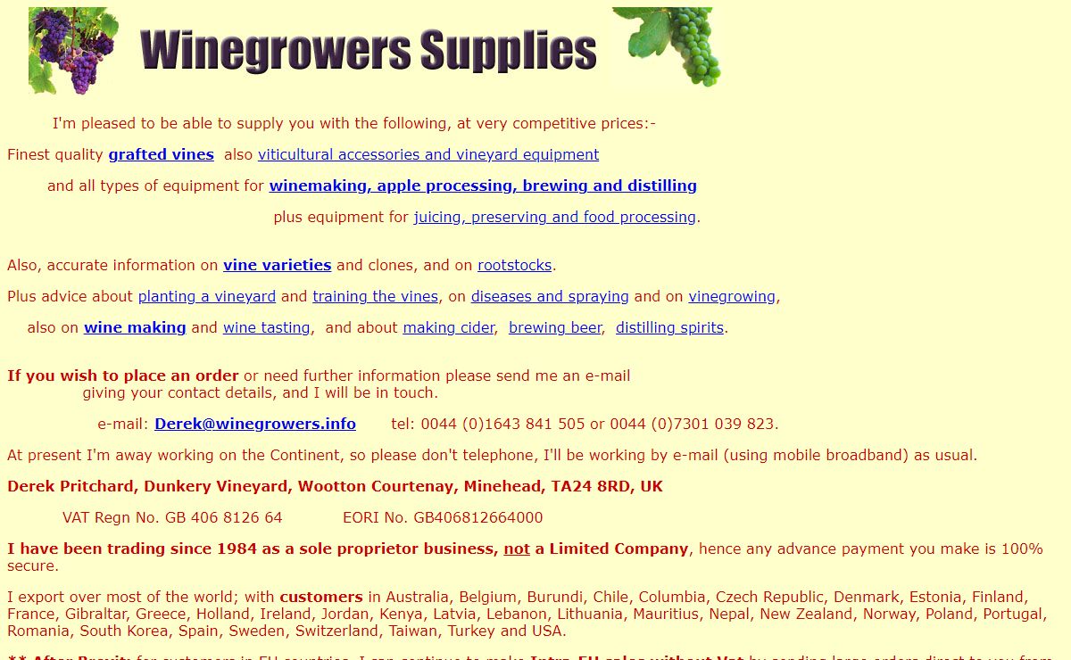 Vines, viticulture and equipment for wine and cider making and brewing