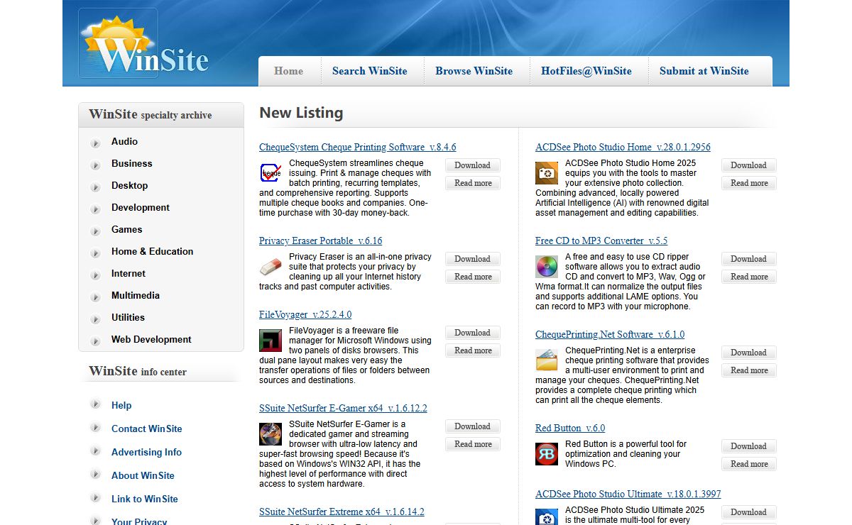 Welcome to WinSite! The place for shareware, demoware, trialware, tips, and utilities for your computer