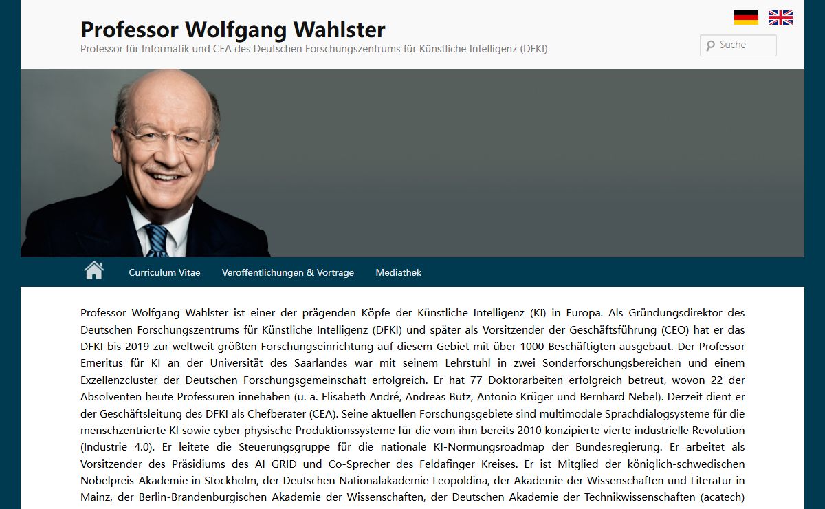 Startseite | Prof. Dr. rer. nat. Dr. h.c. mult. Wolfgang Wahlster | Professor für Informatik und CEA des Deutschen Forschungszentrums für Künstliche Intelligenz (DFKI)