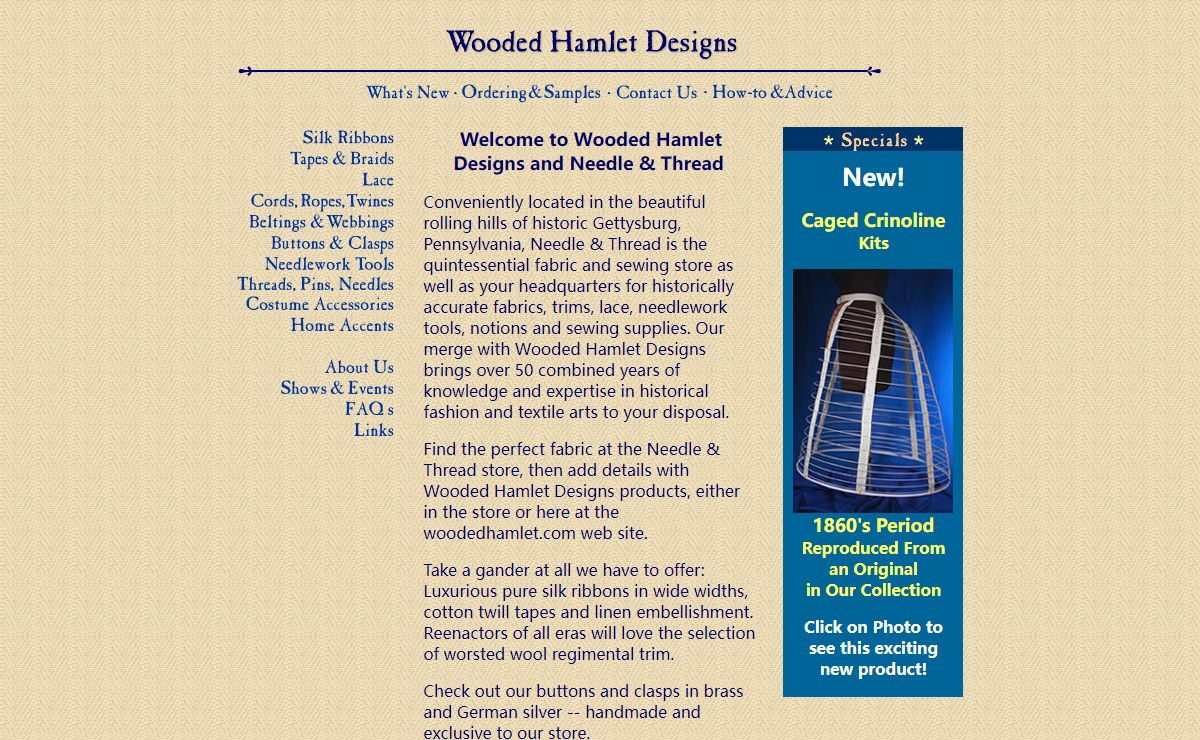 Wooded Hamlet Designs: all-natural fiber trims, ribbons, needlework tools and supplies for the historically minded