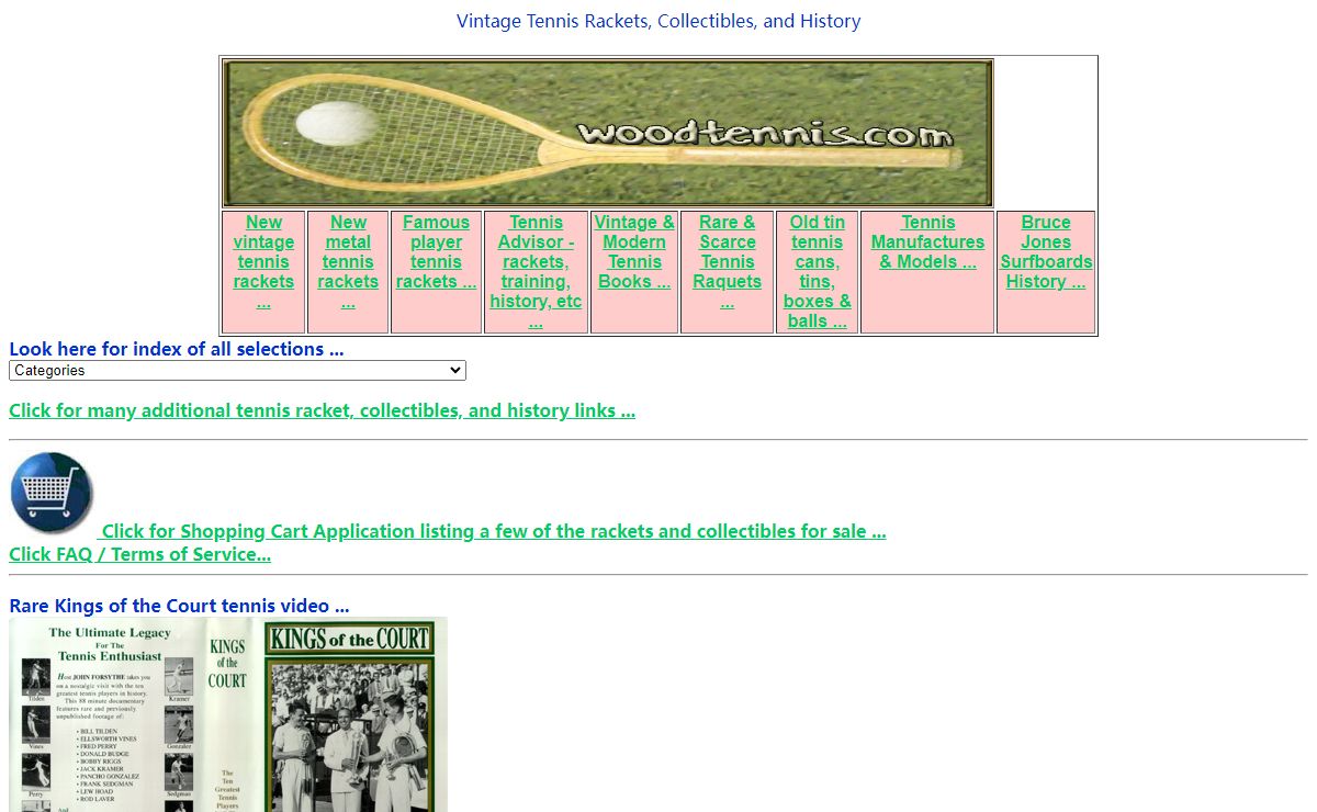 WebTennis site for vintage tennis rackets, collectibles & antiques
