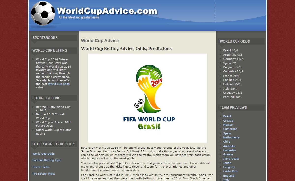 World Cup Advice - World Cup Betting Odds - Wagering Advice